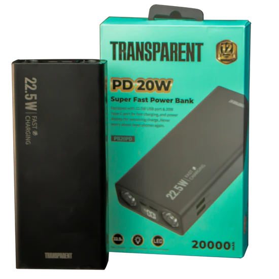 TRANSPARENT 20000mAh Power Bank (PB20PD) Super Fast Charge with LED Light