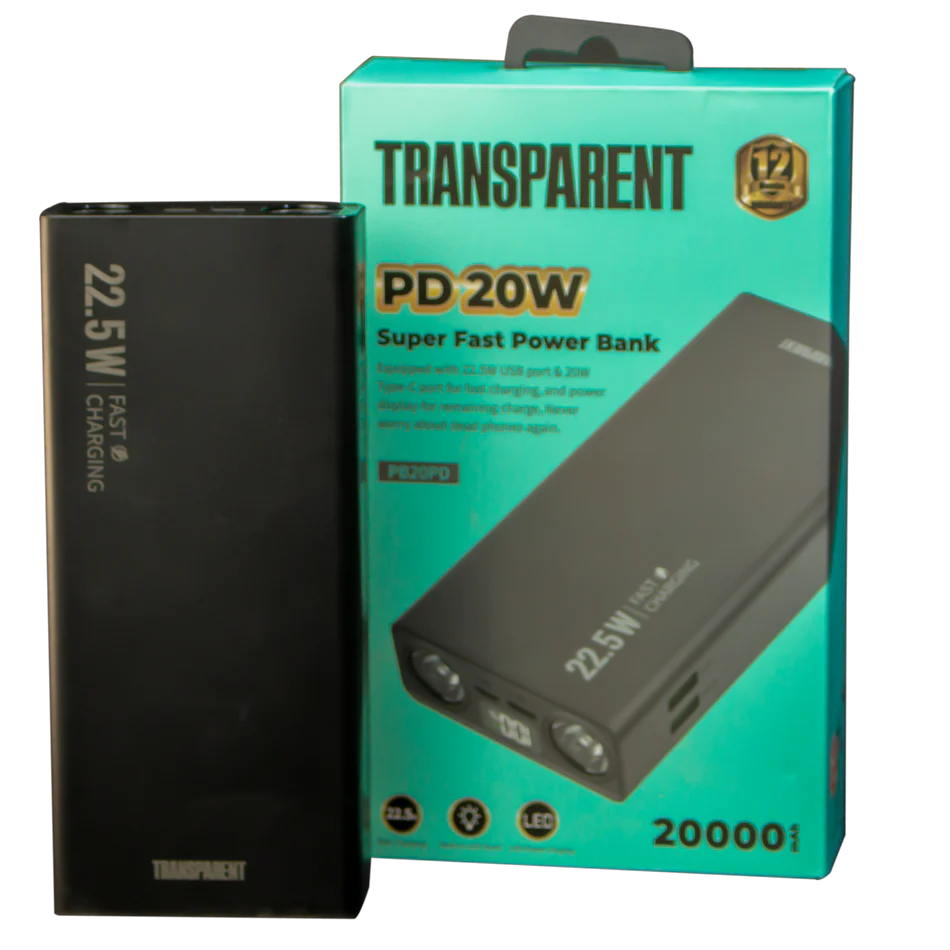 TRANSPARENT 20000mAh Power Bank (PB20PD) Super Fast Charge with LED Light